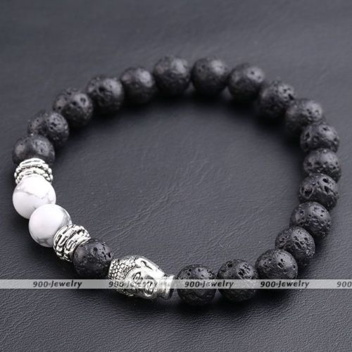 Black Skull - Lava Rock Beads Bracelet - OSFM