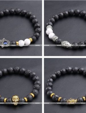 Bracelet en pierre de lave avec perles de Bouddha, crâne, main de Hamsa, mauvais œil1