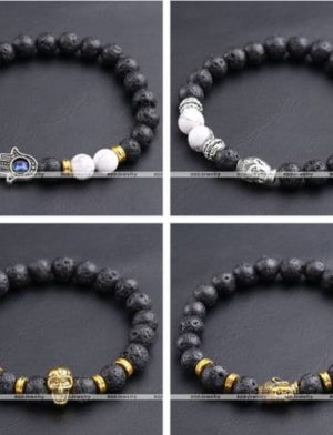 Lava Rock Stone Bead Buda Cráneo Hamsa Mano Mal de Ojo Pulsera1