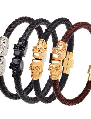 Leather Magnetic Clasp Wrap Skull Rope Braided Bracelet