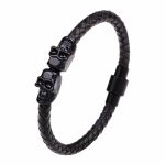 Leather-Magnetic-Clasp-Wrap-Skull-Rope-Braided-Bracelet-black