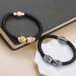Leather-Magnetic-Clasp-Wrap-Skull-Rope-Braided-Bracelet-silver