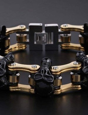 Linkes Totenkopf-Armband aus schwarzem Gold, breit