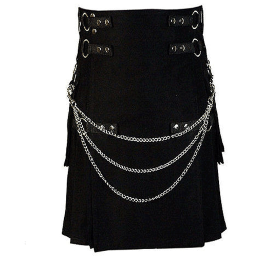 Black-deluxe-kilt-with-chain-front black kilt, deluxe kilt, black deluxe kilt, kilt for men, mens kilt