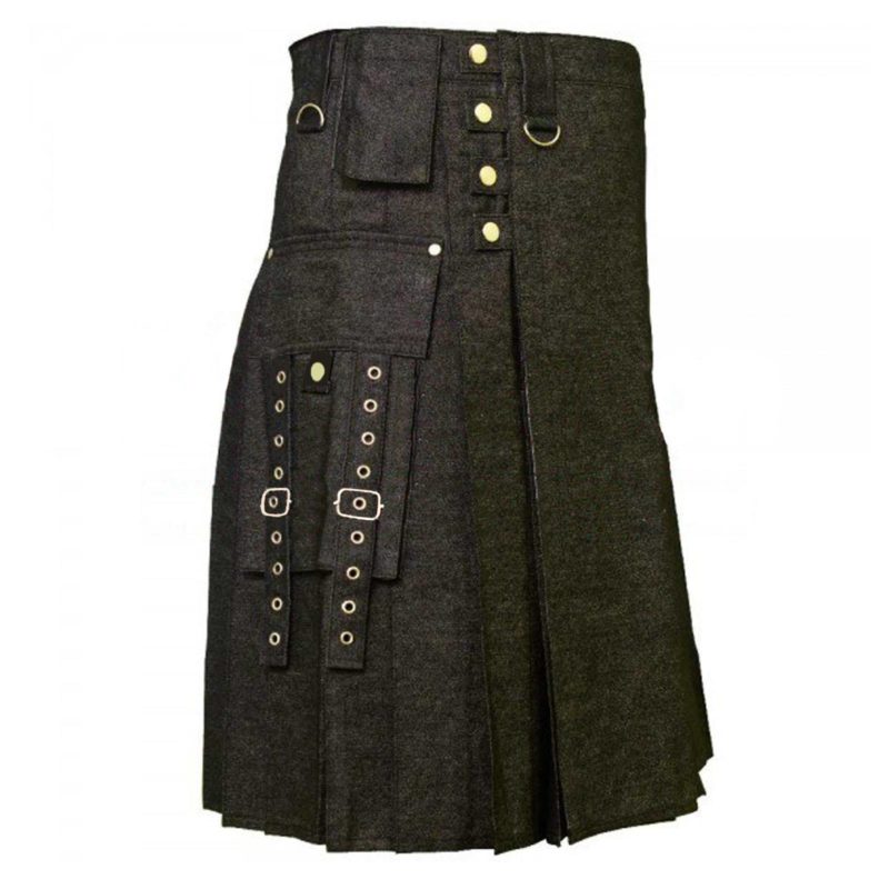 denim kilts, kilt for men, mens kilt, denim kilts for men, black denim kilt, tactical pockets denim kilt