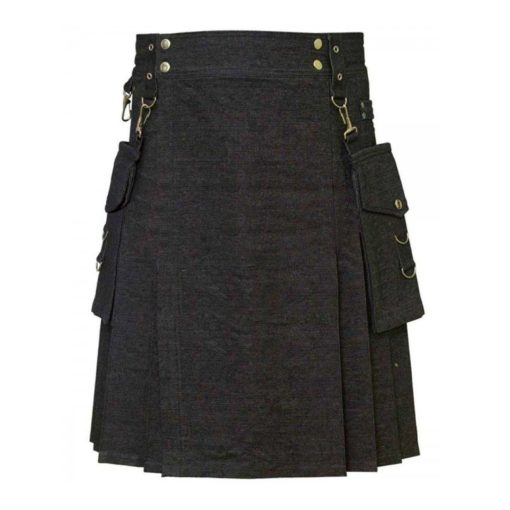 Denim-kilt-Detachable-pockets denim kilts, mens kilt, mens denim kilt, kilt for men, denim mens kilt