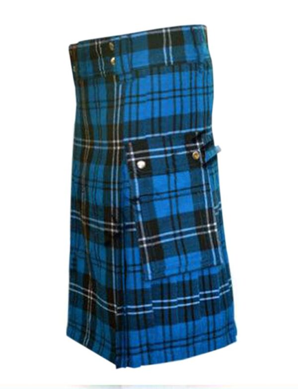 Ramsay-Blue-Tartan-Utility-Kilt-tilted Ramsay tartam, ramsay kilt, ramsay tartan utility kilt, utility kilt