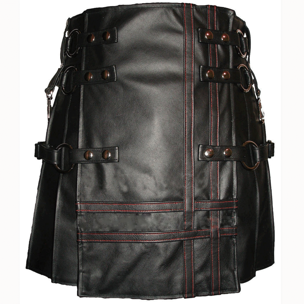 Heavy-Leather-Kilts-for-Men-Red-Stitched-front leather kilt, leather kilt for sale, buy leather kilt, black leather kilt, black leather kilt for sale, buy black leather kilt, gothic leather kilt