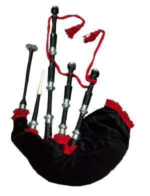 Bagpipe Black Mounts with Red Flare à vendre, Bagpipe Black Mounts, Black Mount Bagpipe, Black Bagpipe