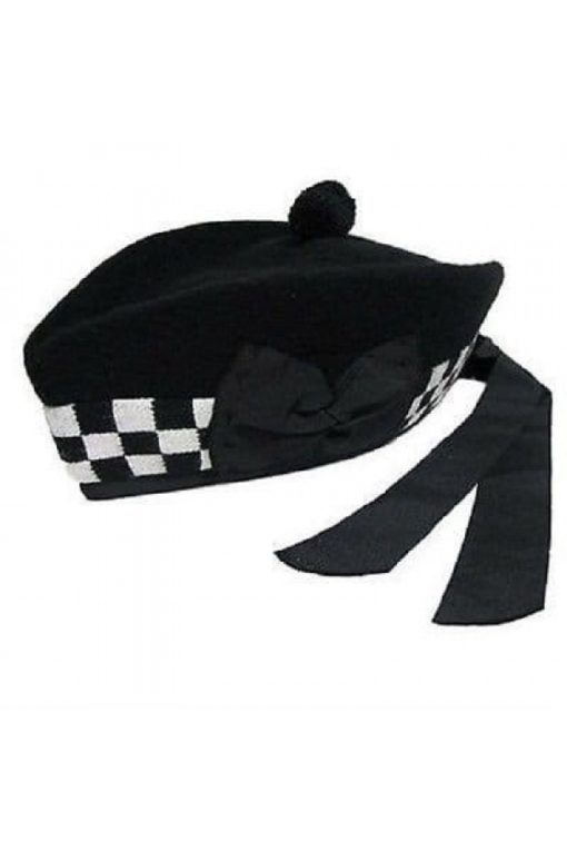Black- White-Boxed-Glengarry-Hat-with-Pompom black hat, glengarry hat, kilt and jacks hats
