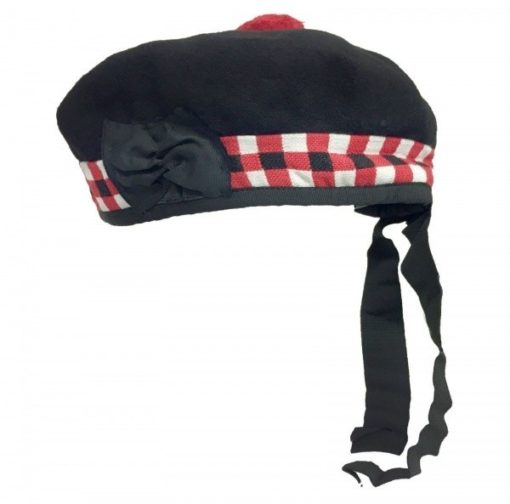Red-Black-White-Boxed-Balmoral-Hat-with-Pompom balmoral hats, boxed balmoral hats, hats for sale