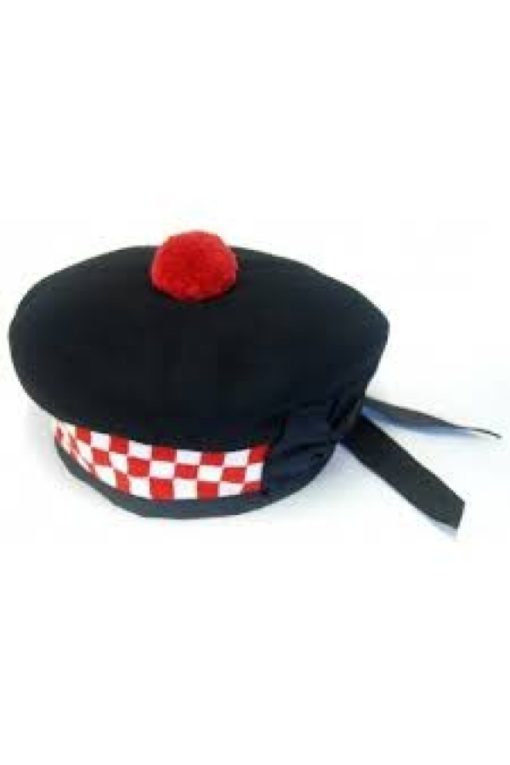 Red-White-Boxed-Balmoral-Hat-with-Pompom balmoral hats, highland hats, boxed hats