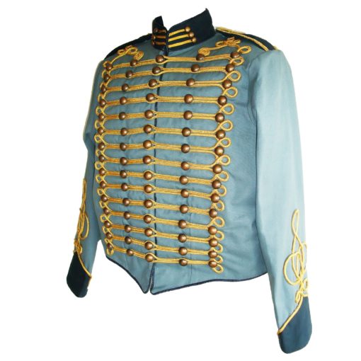 Blue-Steampunk-Military-Jacket-with-Gold-Braiding blue steampunk military jacket, military jacket, parade jacket, military parade jacket, blue parade jacket