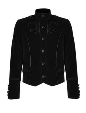 Bestickte einreihige Gothic-Samtjacke, die speziell für Sie entworfen und hergestellt wurde. Es hat einen Knopfverschluss und sieht sehr cool aus. Diese Samt-Gothic-Jacke ist in schwarzer Farbe erhältlich.