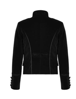 Bestickte einreihige Gothic-Samtjacke, die speziell für Sie entworfen und hergestellt wurde. Es hat einen Knopfverschluss und sieht sehr cool aus. Diese Samt-Gothic-Jacke ist in schwarzer Farbe erhältlich. Dies ist die Rückseite dieser Jacke.
