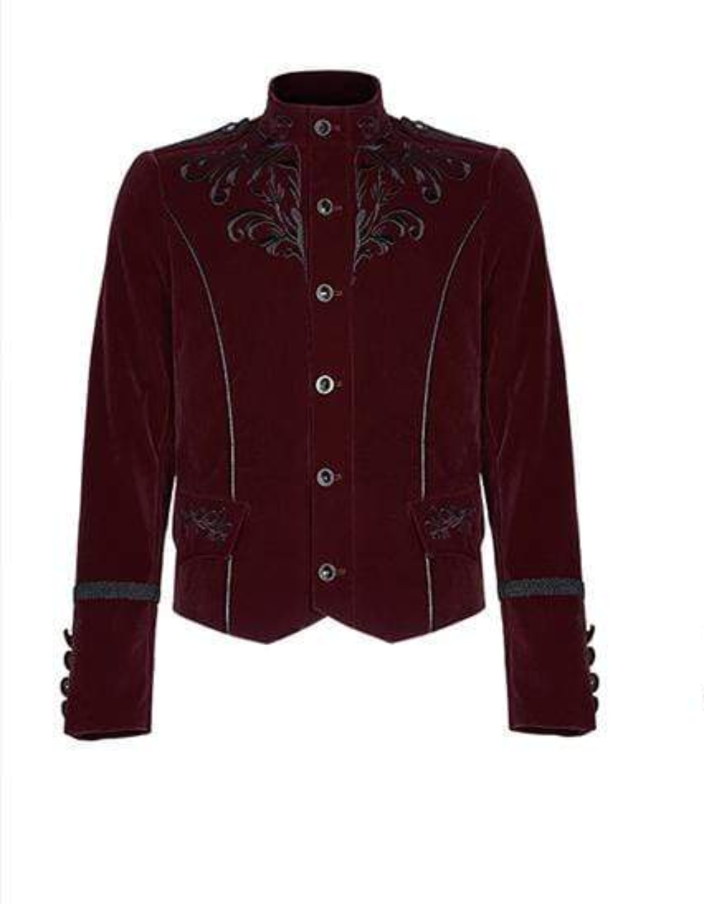 Embroidered Single Breasted Gothic velvet jacket which is designed and made for you specially. It has button closure and looks very dope. This velvet gothic jacket comes in red color.