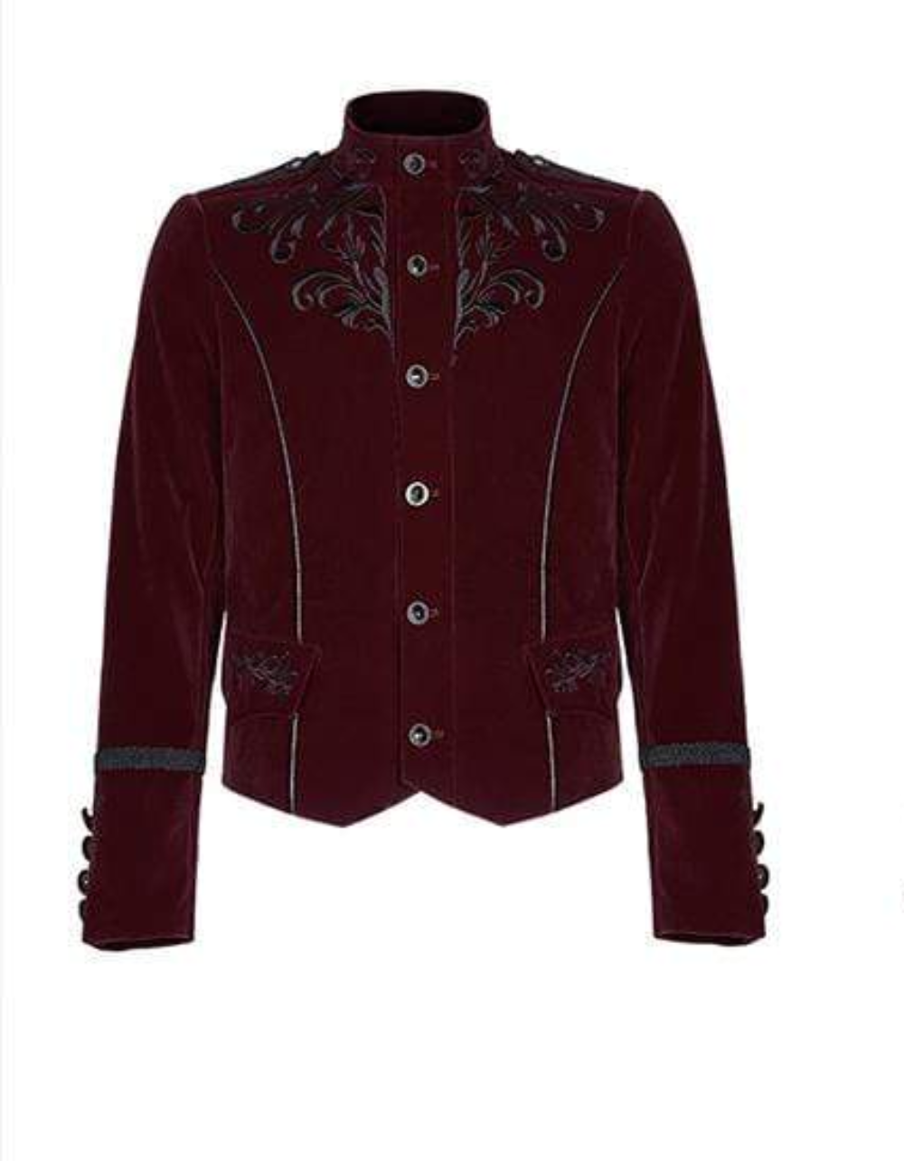 Embroidered Single-breasted Vintage Gothic Velvet Jacket 2 Embroidered Single Breasted Gothic velvet jacket which is designed and made for you specially. It has button closure and looks very dope. This velvet gothic jacket comes in red color.