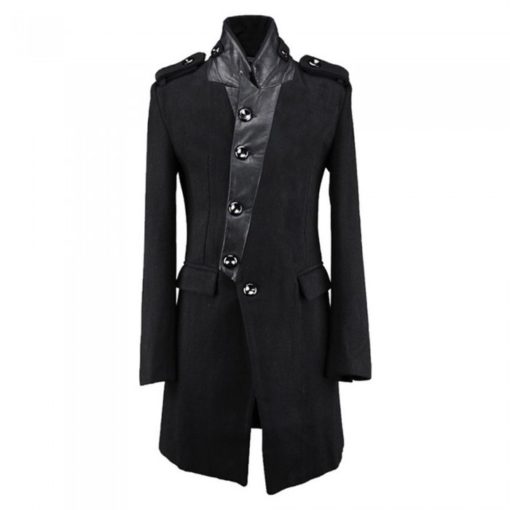 Numinous-Black-Wool-Trenchcoat-with-Leather-Collars Numinous Black wool trenchcoat is made from high quality wool and 100% genuine leather. There are two shoulder epaulets. It is a button closure coat.