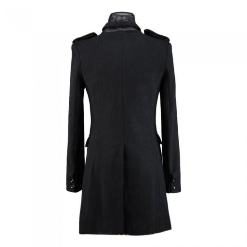 Numinous Black wool trenchcoat is made from high quality wool and 100% genuine leather. There are two shoulder epaulets. It is a button closure coat. This is the back of this coat.