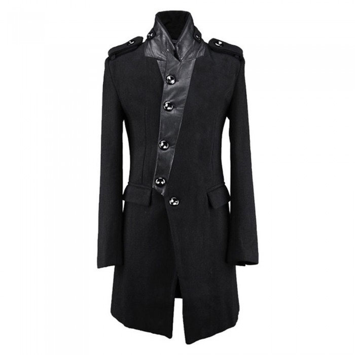 Numinous Black wool trenchcoat is made from high quality wool and 100% genuine leather. There are two shoulder epaulets. It is a button closure coat.