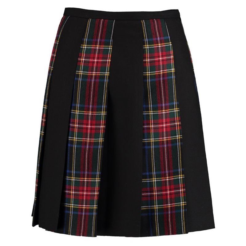 It is a striped Tartan pleated skirt where we have used Black Stewart tartan and black fabric alternatively.