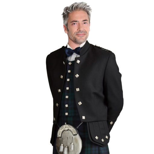 Black-Sheriffmuir-Jacket-and-5-Buttons-Vest Black Sheriffmuir Highland Kilt Jacket for Men available in many colors