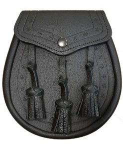 Leather Day Sporran with Embossed Design. Black Color