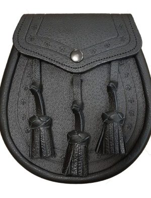 Leather Day Sporran with Embossed Design. Black Color