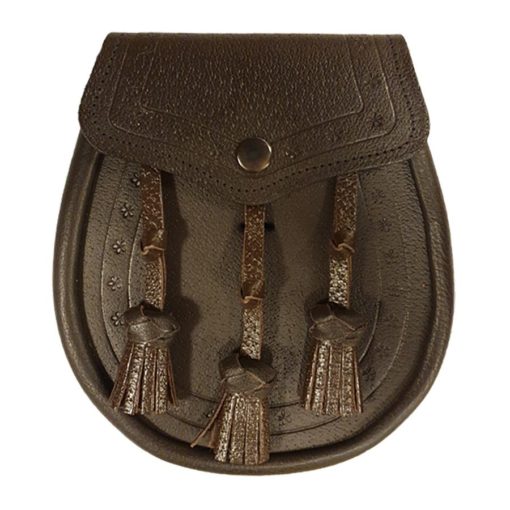 Leather Day Sporran with Embossed Design. Brown color.