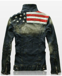 A back photo of American Flag Denim Goth Jacket.