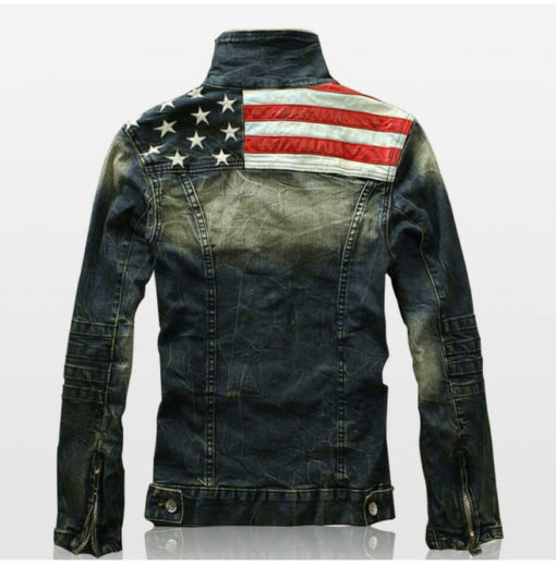 A back photo of American Flag Denim Goth Jacket.