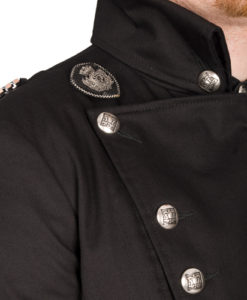 A model wearing Kilt and Jacks Chilean Rose Military Goth Jacket a closeup look on the buttons