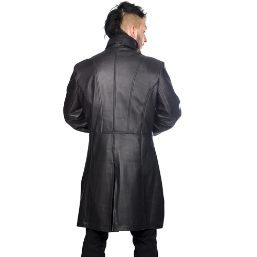 A model posing backward wearing Flapped Long Military Leather Coat.
