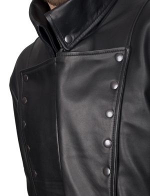 A closeup look of Flapped Long Military Leather Coat.