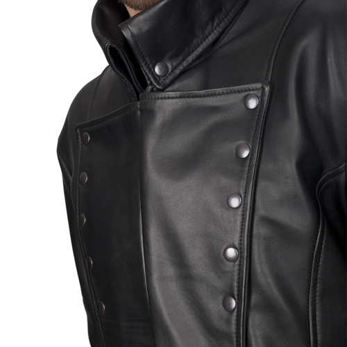 A closeup look of Flapped Long Military Leather Coat.