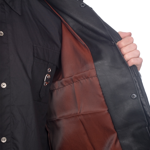 The inner side of the Flapped Long Military Leather Coat by Kilt and Jacks.