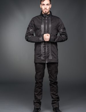 La imagen principal de la chaqueta gótica negra M201 con detalles de cuero.
