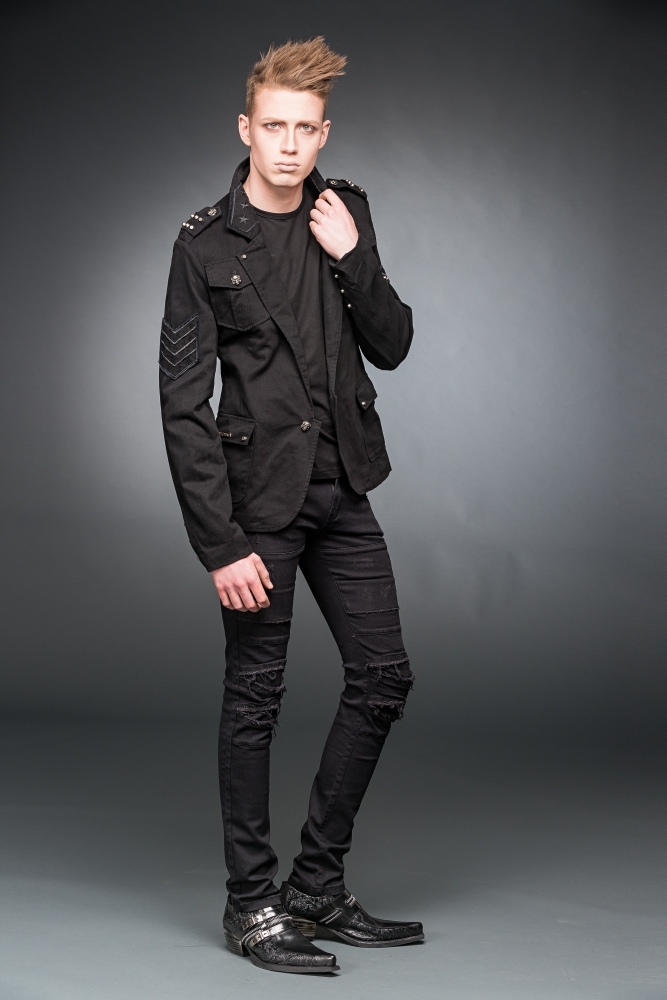 Military-Style Gothic Blazer Jacket 1 The tilted pose of Military Style Gothic Blazer Jacket.
