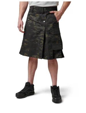 A model standing wearing a Phantom Camouflage Kilt for Men.