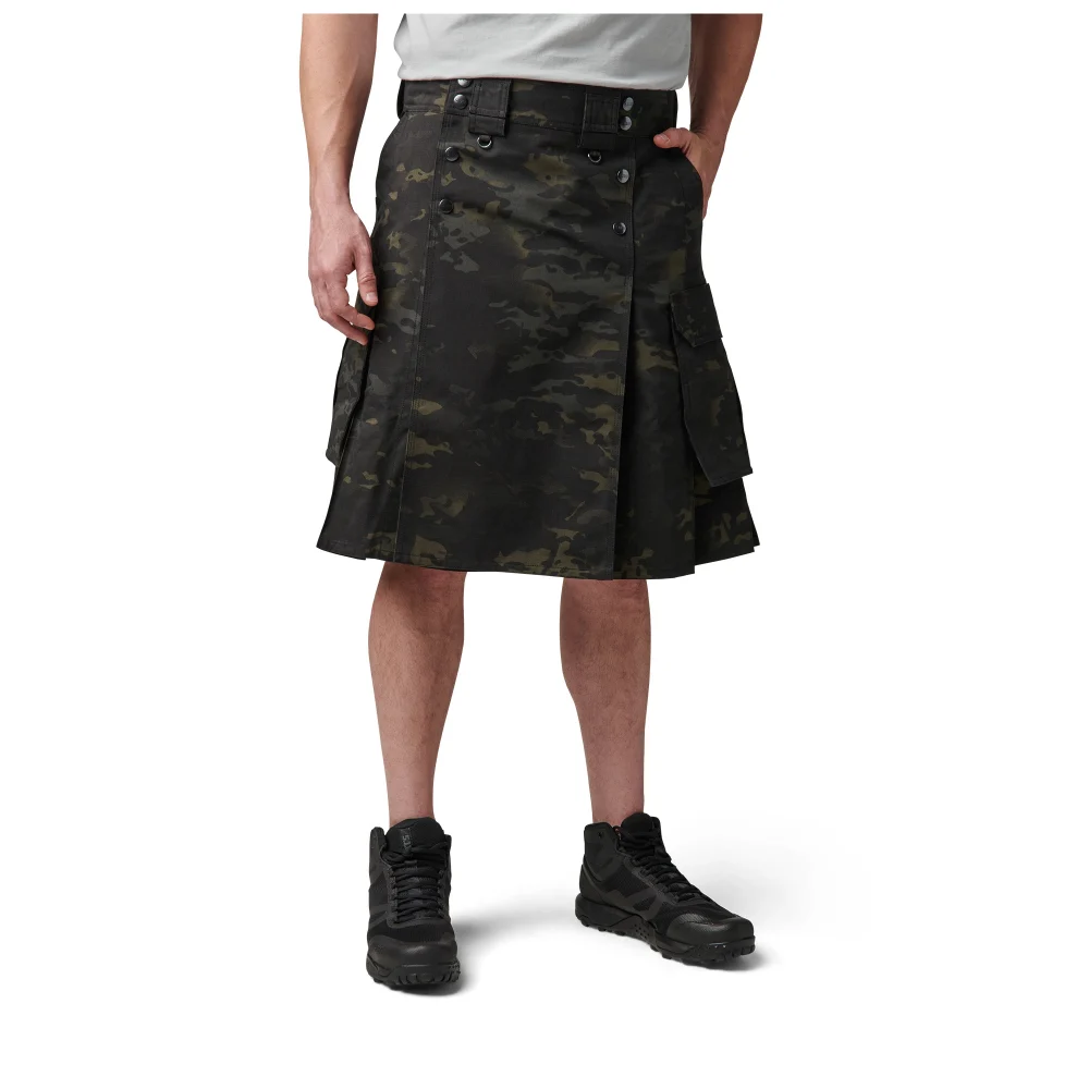 A model standing with his hand in the pocket wearing a Phantom kilt.