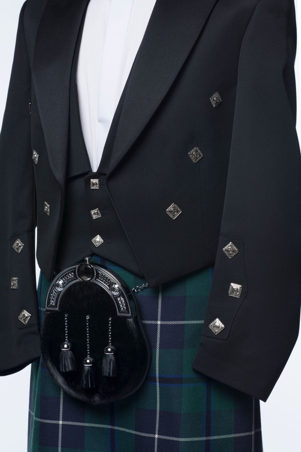 A closeup photo of Prince Charlie Kilt Outfit.