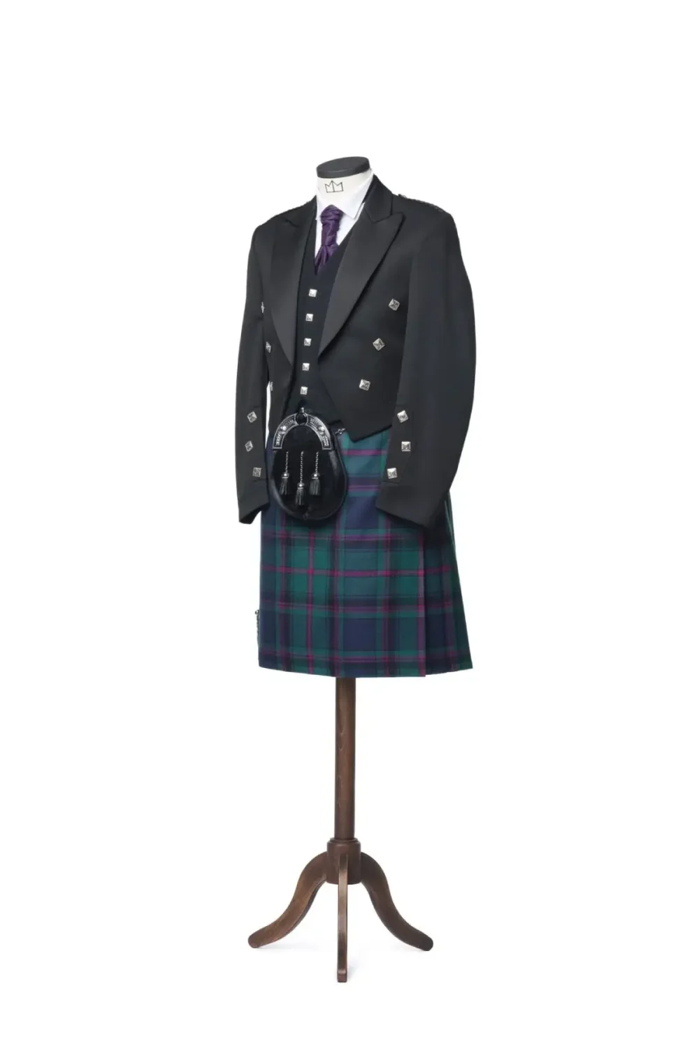 A tilted picture of Prince Charlie Kilt Outfit with 5 button Vest.