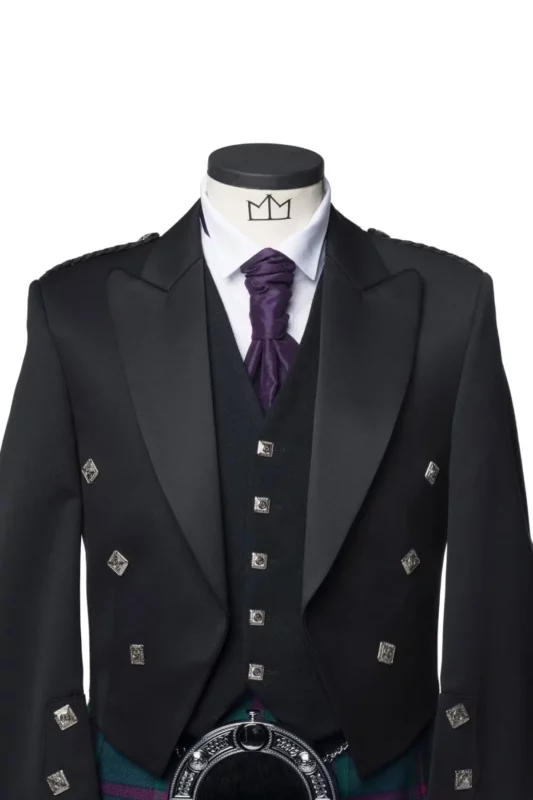 A closeup photo Prince Charlie Kilt Outfit with 5 button Vest.