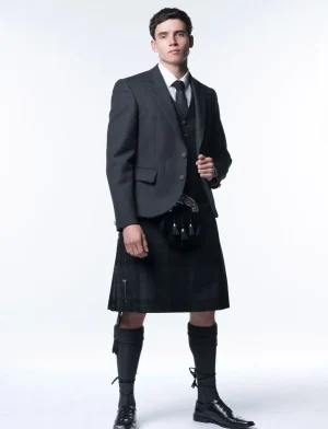 A man wearing Tweed Kilt outfit.