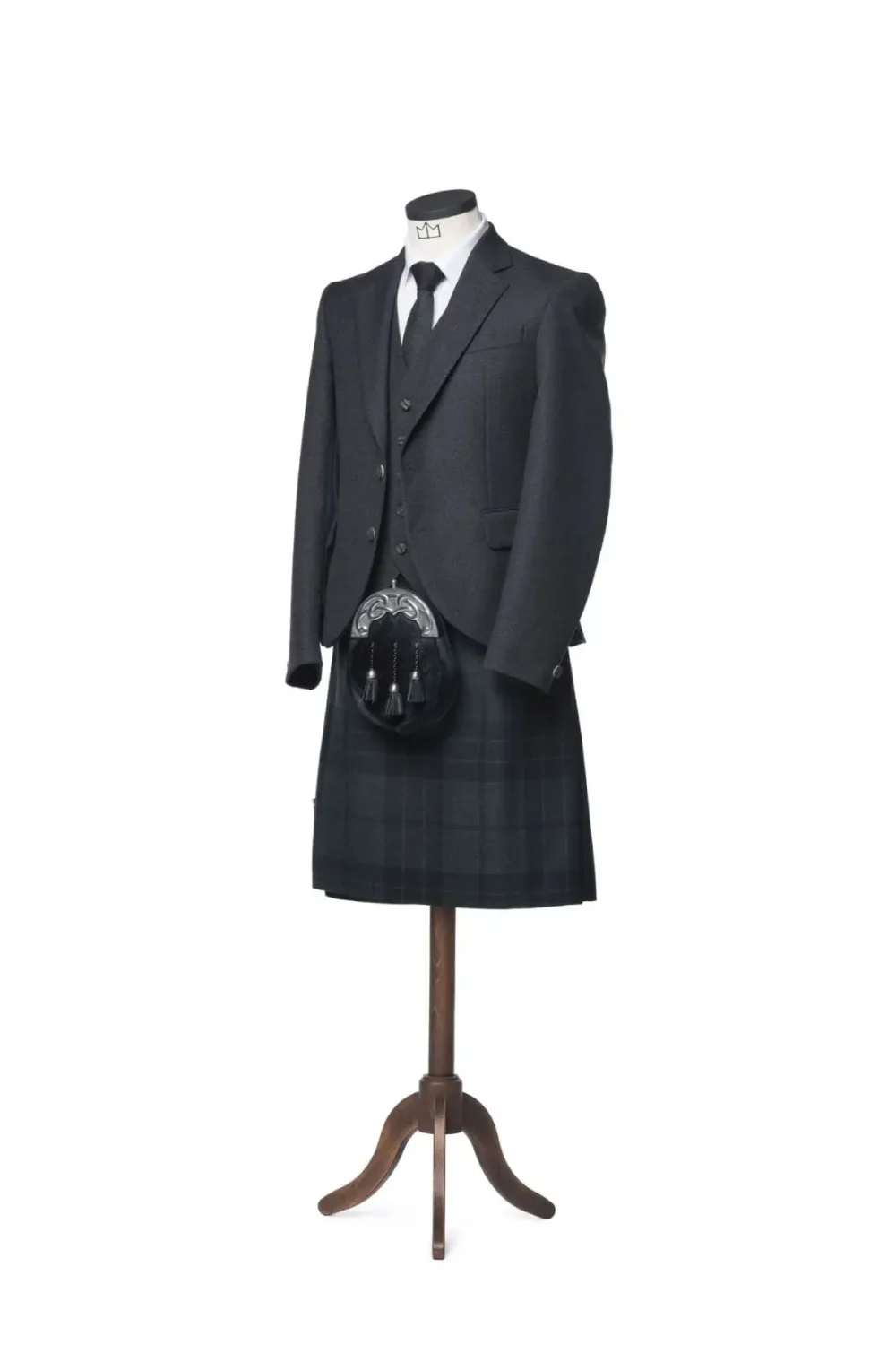 A tilted photo of hanged Tweed Kilt outfit.