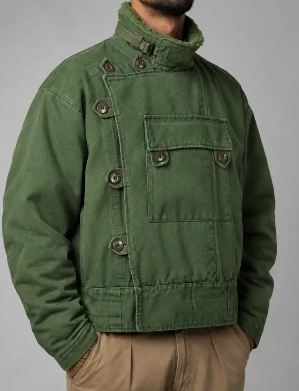 A model is wearing Fully closed 1960 Swedish Army Motorcycle Jacket