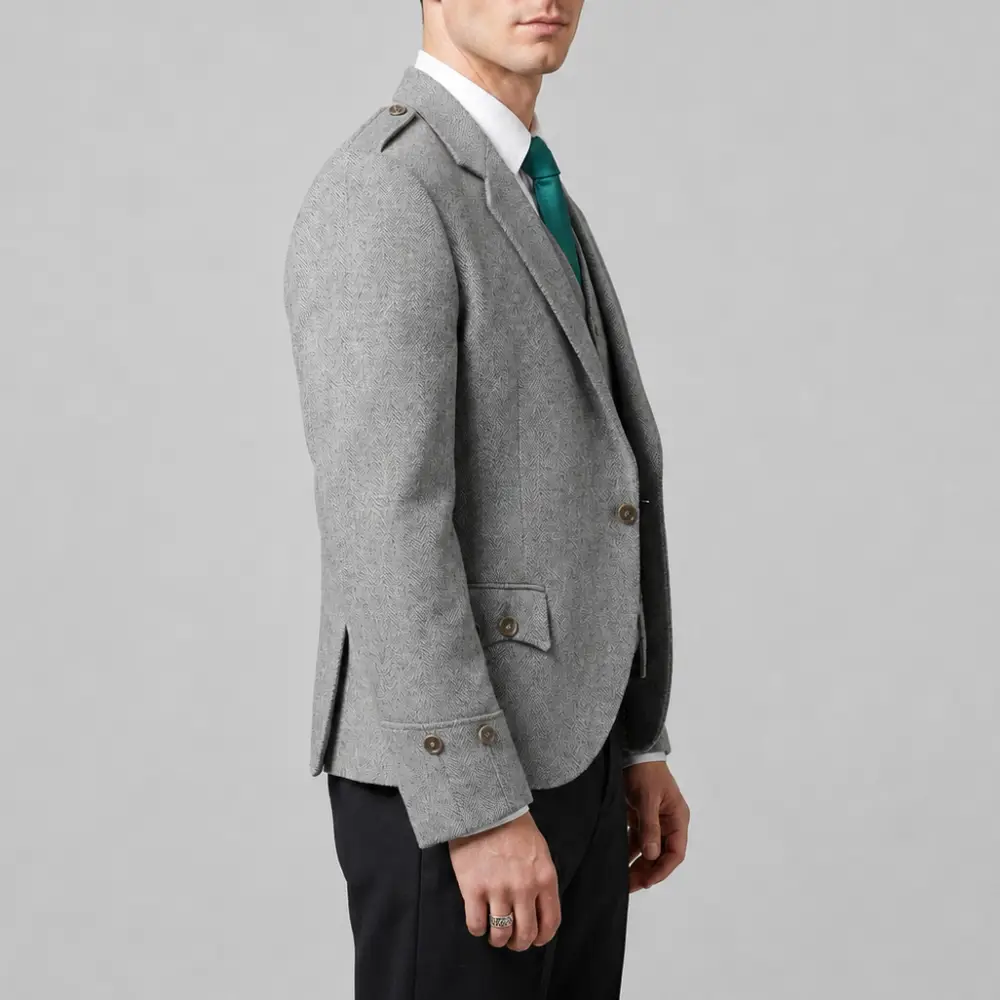 The side pose of Silver Heather aka Grey Heritage Tweed Argyle Jacket and Waistcoat side pose