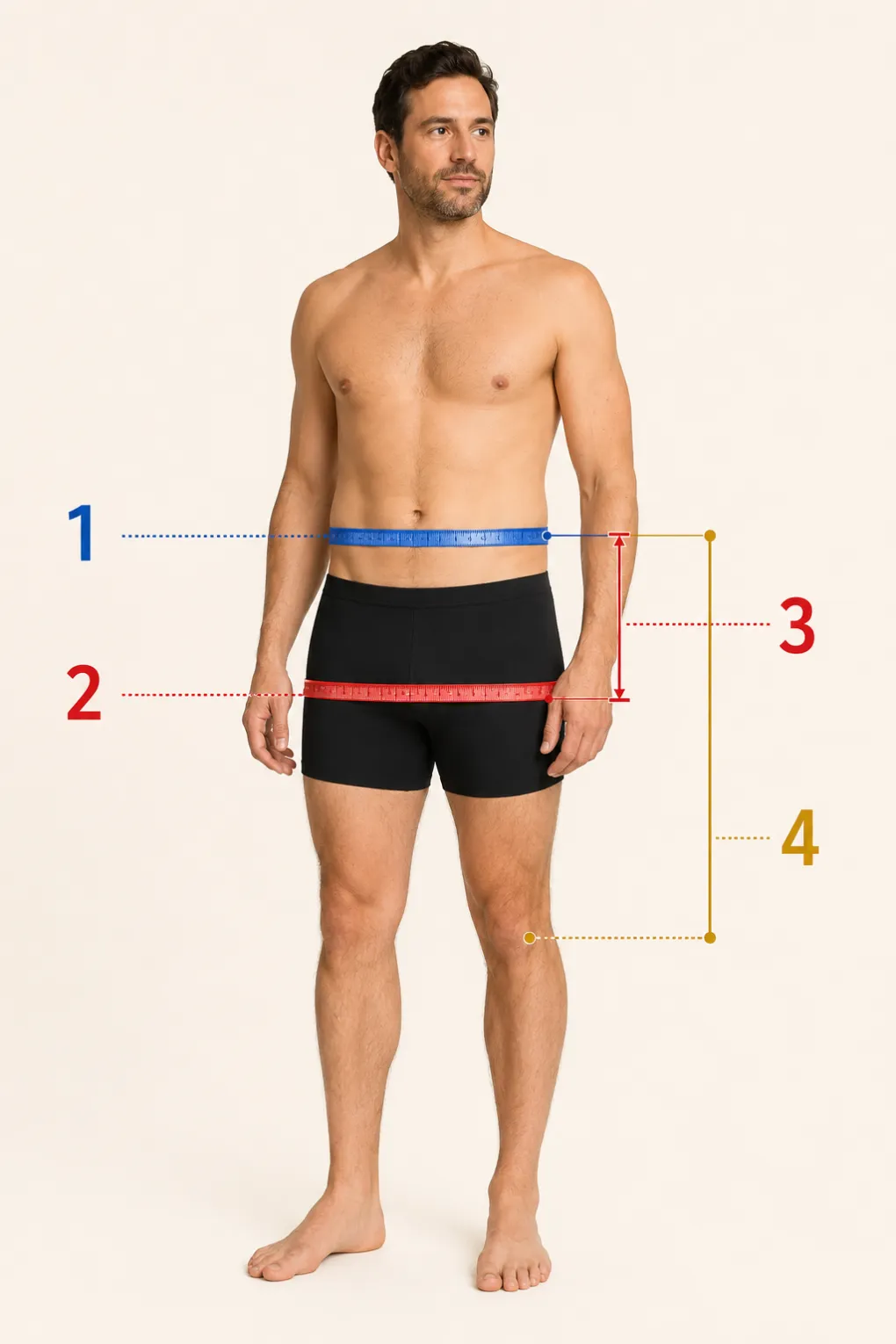 Kilt measurement diagram: 1 kilt waist at the navel, 2 hips around the fullest part of the seat, 3 fell from waist to hip point, 4 length from navel to mid-knee