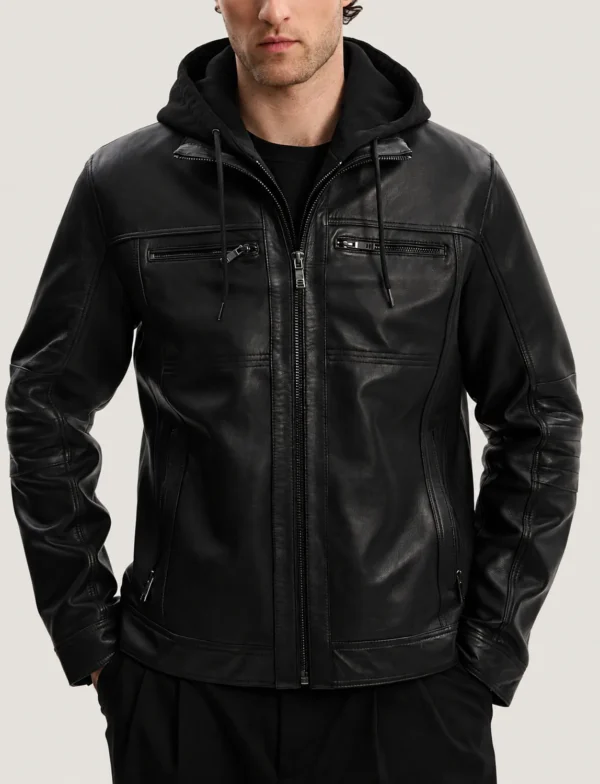 Dunbar multi-zip hooded black leather jacket