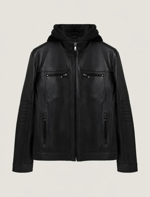 Dunbar multi-zip hooded black leather jacket